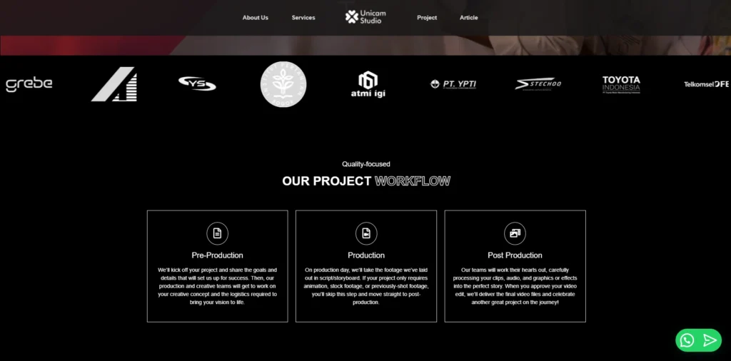 Selain itu, Pembuatan Website bertujuan untuk memperkenalkan Unicam Studio kepada audiens dengan cara yang paling efektif. Dengan tata letak yang bersih dan terstruktur, kami memastikan setiap informasi penting tersampaikan dengan jelas. Kami juga menambahkan elemen interaktif yang mendorong pengunjung untuk lebih terlibat, seperti formulir kontak dan panggilan untuk bertindak (call-to-action). 