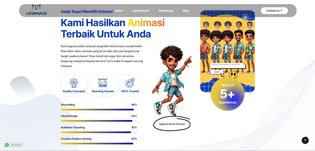 Kami juga menyertakan berbagai fitur penting yang mendukung navigasi dan interaksi yang lebih baik di website. Fitur seperti portofolio animasi yang menampilkan karya-karya terbaik Unimasi memberikan gambaran jelas tentang kualitas dan kemampuan yang dimiliki. Pembuatan Website bertujuan untuk memperkenalkan Unimasi kepada audiens yang tertarik pada dunia animasi dan produksi kreatif dengan cara yang paling efektif dan efisien. 